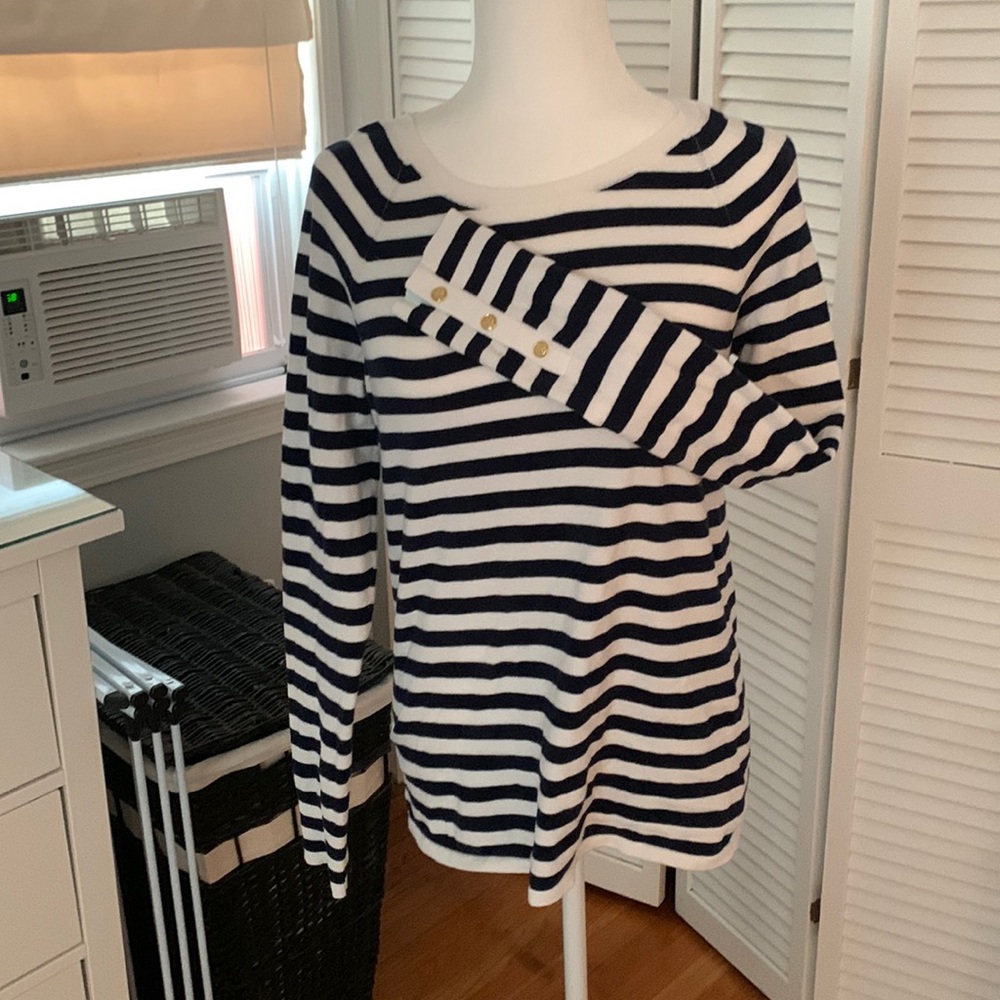 Lily Pulitzer navy blue and white stripped long sleeve top with gold button cuff